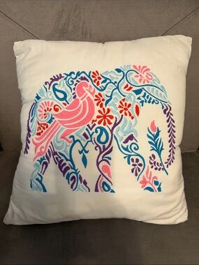 Embroidered Elephant Accent Pillow - White with Pink & Blue Embroidery 15x15